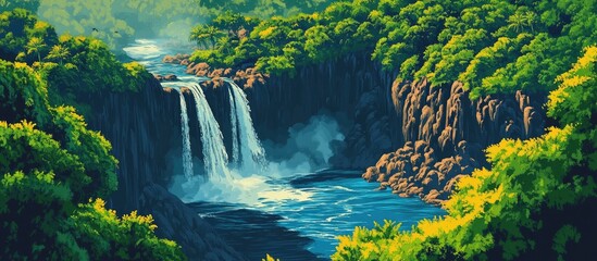 Wall Mural - Aerial view of a stunning waterfall along a scenic route showcasing its natural beauty and vibrant surroundings