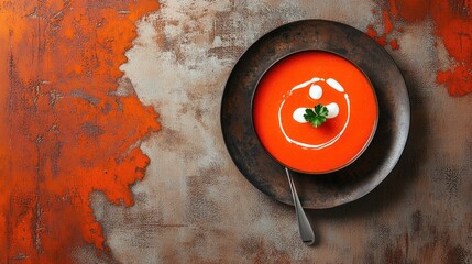 Tomato soup with cream presented in a unique shape resembling a country outline