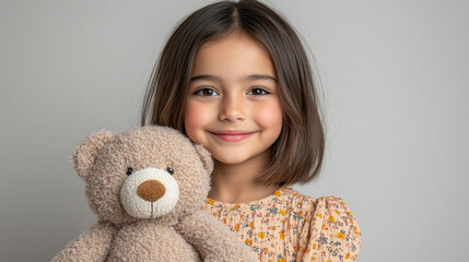 A cheerful girl with a gentle smile embraces her cuddly teddy bear in a warm indoor atmosphere, radiating joy and innocence