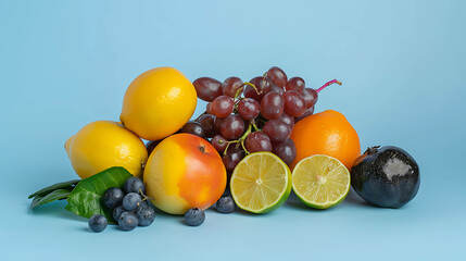 Wall Mural - A vibrant collection of fresh fruit including lemons, grapes, limes, an orange, and blueberries against a light blue background.