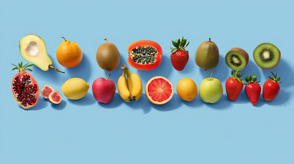 Wall Mural - Fresh fruits arranged in a row on a light blue background.