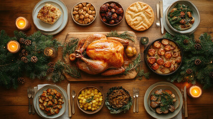 An appetizing display of a roasted turkey surrounded by various festive dishes, garnished with greenery and lit candles for a cozy celebration