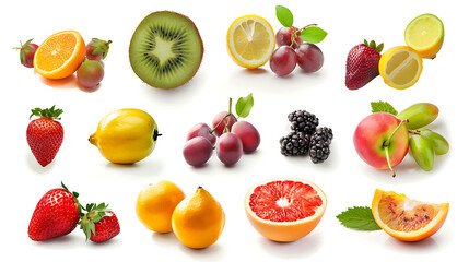 Wall Mural - A collection of fresh fruits, including strawberries, grapes, kiwi, lemons, limes, oranges, and a blood orange.