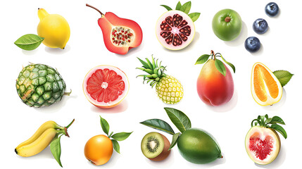 Wall Mural - Assortment of fresh fruits with leaves.