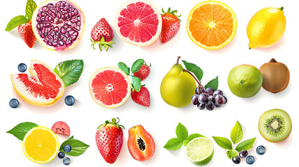 Wall Mural - Collection of fresh fruits, isolated on white background.