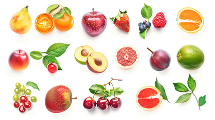 Wall Mural - Fresh fruits and berries isolated on white background.