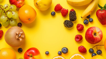 A variety of fresh fruits and berries scattered on a yellow background.