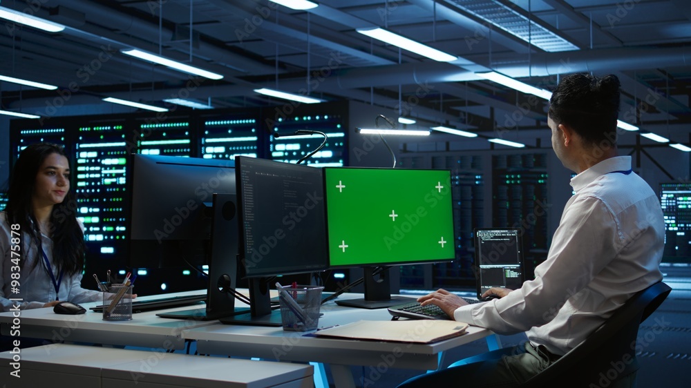 Programmer in data center managing and maintaining databases using ...