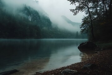 Poster - Mysterious misty lake with mountains and trees in background