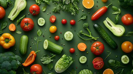 Wall Mural - A variety of colorful vegetables arranged in a flat lay on a green background.