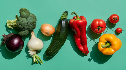 Assortment of fresh vegetables on a green background.