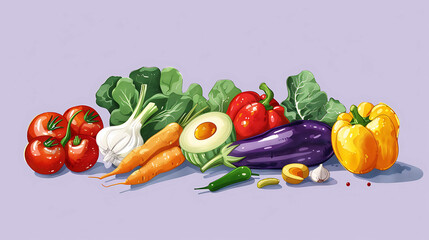 Wall Mural - A variety of fresh vegetables, including tomatoes, carrots, avocado, eggplant, and peppers, are arranged in a row on a purple background.