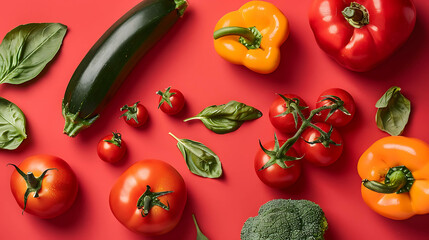 Wall Mural - Fresh red and yellow vegetables, including tomatoes, peppers and zucchini, are arranged on a red background.