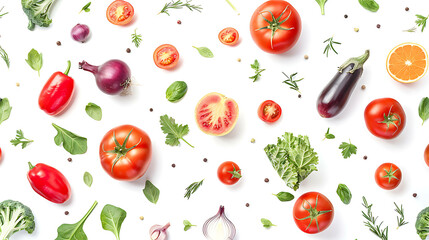 Wall Mural - Fresh vegetables and herbs on a white background.