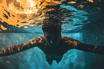 Poster - Silhouette of a Man Swimming Underwater with Sun Rays Shining Through the Water