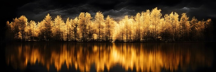 Golden trees reflected in lake on black sky background. Modern canvas art with golden yellow forest