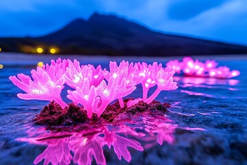 Neon pink corals, glowing brightly in the shallow waters of a tropical reef