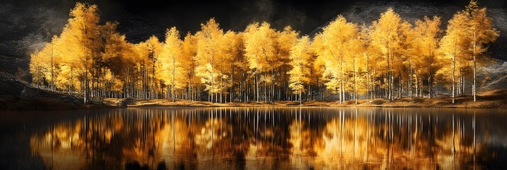 Golden trees reflected in lake on black sky background. Modern canvas art with golden yellow forest