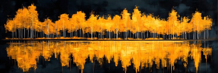 Golden trees reflected in lake on black sky background. Modern canvas art with golden yellow forest