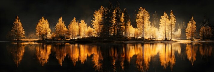 Canvas Print - Golden trees reflected in lake on black sky background. Modern canvas art with golden yellow forest