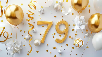 Gold and white 79th celebration with decorative balloons, ribbons, and confetti