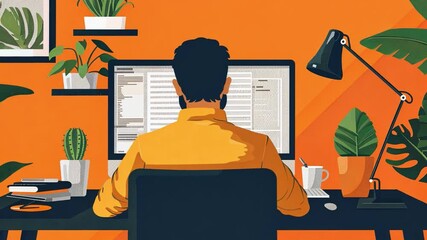 Aufkleber - A person is seated at a desk facing a computer while working in a vibrant orange room filled with various plants, creating a lively and inspiring atmosphere.
