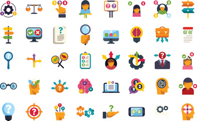 Sticker - Diverse set of colorful icons representing the process of decision making, problem solving, idea generation, and solution finding