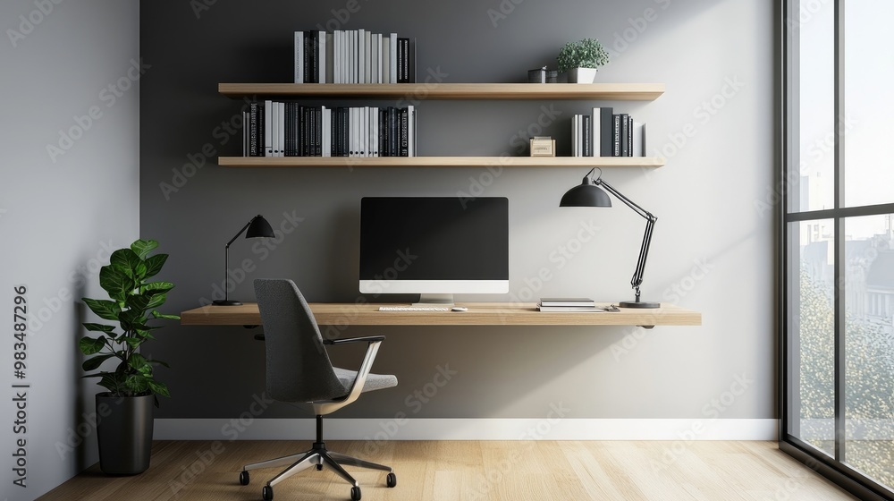 A minimalist home office with a floating desk and a wall-mounted ...