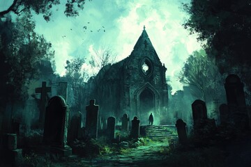 Wall Mural - A lone figure approaches a crumbling stone church in a haunting, overgrown graveyard.