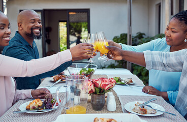 Sticker - Black family, toast and drinks at lunch with smile, connection and solidarity with cheers on patio. People, men and women with celebration, juice and glasses at party, backyard or thanksgiving in USA