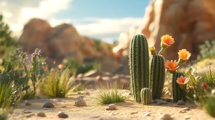 A serene desert landscape featuring cacti with vibrant flowers and rocky terrain.