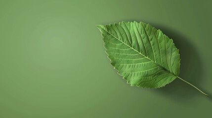 Wall Mural - A single green leaf on a green background.