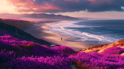 A serene coastal landscape with vibrant purple flowers and a lone figure walking along the beach.