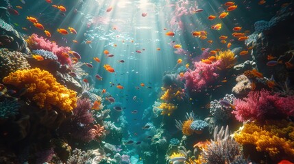 Beautiful tropical coral reef teeming with a vibrant shoal of coral fish swimming among colorful corals. Ideal for marine life, underwater scenes, ocean wildlife, and aquatic-themed visuals