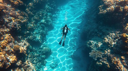 Scuba diving woman exploring crystal clear waters, surrounded by vibrant marine life and coral reefs. Ideal for underwater adventures, diving, ocean exploration, and travel