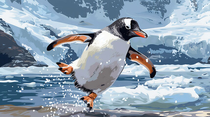 Wall Mural - A penguin running on ice in an icy landscape.