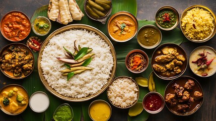 A vibrant spread of various Indian dishes served with rice on a banana leaf.