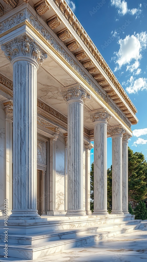 Classic Doric columns and marble facade in ancient Greek temple ...