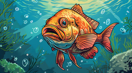 Wall Mural - A cartoon illustration of a fish swimming in a coral reef.