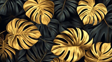 Wall Mural - A vibrant design featuring golden monstera leaves on a dark background.