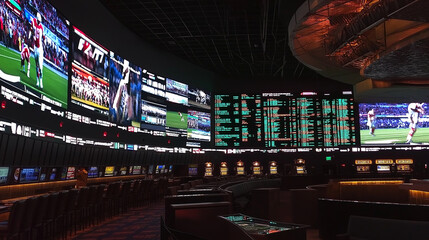 Sportsbook in las vegas casino showing live game with betting odds on screen