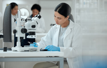 Poster - Scientist, study and woman with microscope in lab for medical experiment, pathogen and development. Science, pharmaceutical and biotech with sample for Mpox vaccine, innovation and epidemiology test