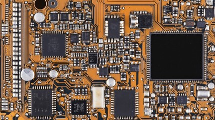 Circuit board technology background featuring central computer processors and digital chips on a motherboard, illustrating advanced computing concepts