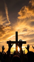 Hands raised in worship in front of a cross at sunset (14)