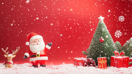 cartoon of santa claus with gift and raindeer on christmas red background