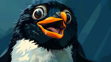 Wall Mural - A close-up, cartoon illustration of a penguin with large, expressive eyes and an open mouth.