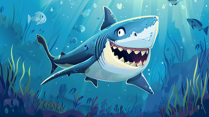 Wall Mural - A cartoon shark with a big smile swims through the ocean.