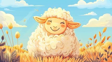 Cute cartoon sheep smiling in a field of tall grass under a bright blue sky.