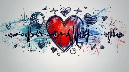 Poster - A colorful heart illustration filled with intricate designs and symbols of love, blending red and blue hues against a textured backdrop, evoking emotions and creativity.