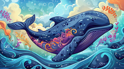 Wall Mural - A blue whale swims through an ocean of swirls and bubbles.